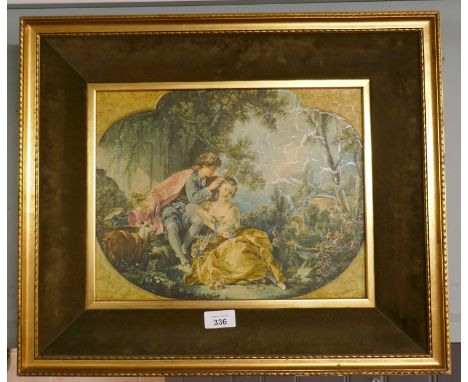 Print of courting couple in a gilt and velvet frame 