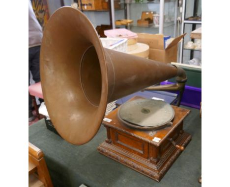 Gramophone record player and horn together with a good box full of vinyl records