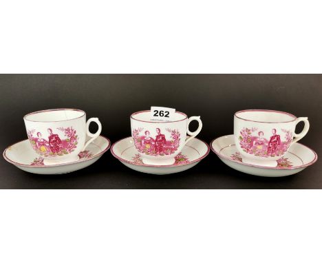 Three rare English lustreware tea cups and saucers, commemorating the marriage of Queen Victoria to Prince Albert of Saxe-Cob