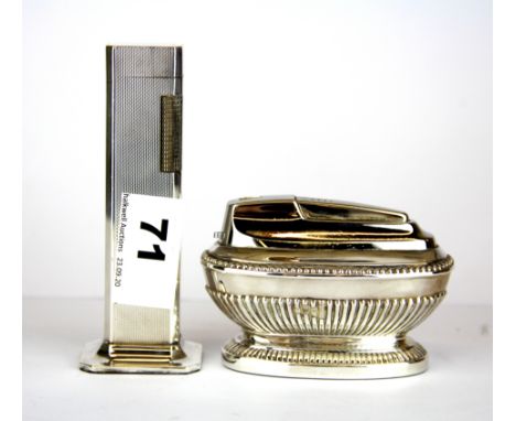 A Dunhill silver plated table lighter, H. 11cm, together with a Ronson silver plated table lighter.