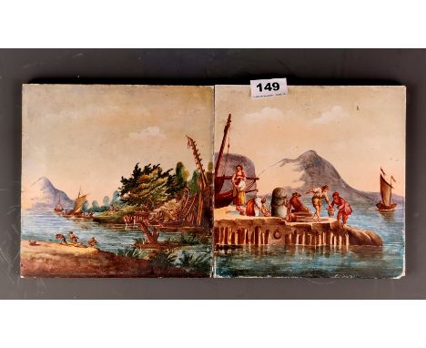 A pair of 19th century Italian hand painted ceramic tiles, 20 x 20cm.