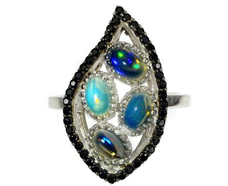 A 925 silver ring set with opals and black spinels, (Q).