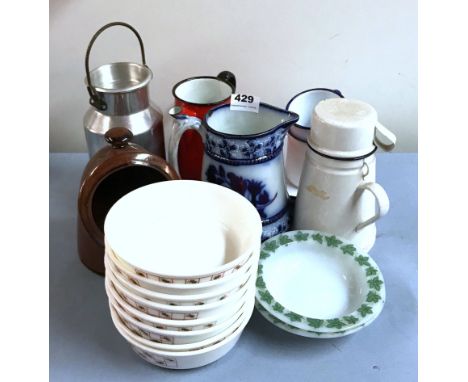 A quantity of enamelled items, with ceramic jug and vintage glass dishes.