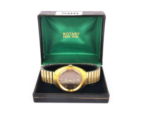 A gent's vintage gold plated Rotary wristwatch on a expanding metal strap, understood to be working order.