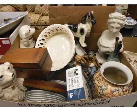 Two boxes of sundry china and ornamental wares to include capo-di-monte style figure group, a pair of Staffordshire style Spa