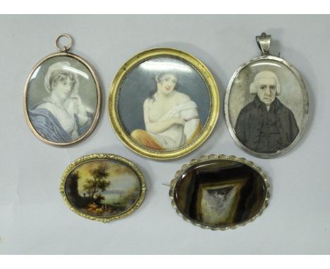 Three 19th Century miniatures, one of a girl with pearl and lace headdress, another of a maiden in Classical robes and anothe