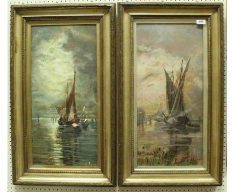 L A G "Sailboats at Sunset", oil on board, framed and glazed, initialled lower right, another by the same hand depicting "Sai