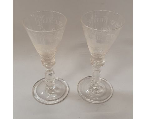 A pair of late 19th Century Williamite engraved funnel shaped wines inscribed "Boyne 1st July 1690 T.D.C.S.C. the glorious me