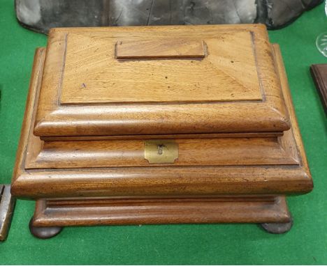 A Victorian mahogany three section tea caddy of bombé sarcophagus form and a pair of cased gold coloured spectacles