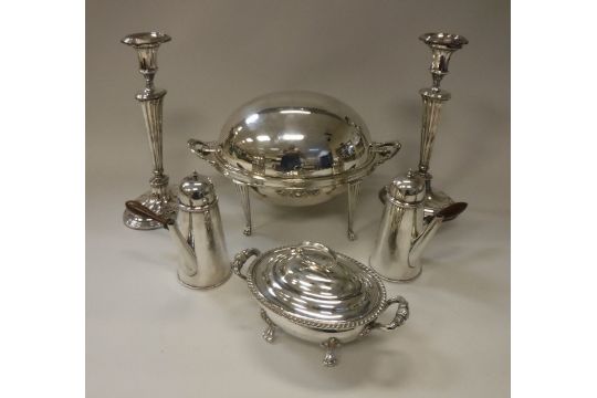 A pair of plated Adam design candlesticks, a pair of plated cafe au lait pots,