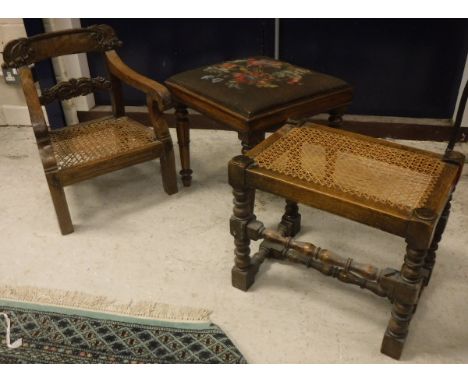 A child's Victorian elbow chair, an X framed stool, a Victorian rosewood framed dressing stool with needlework seat, a four t