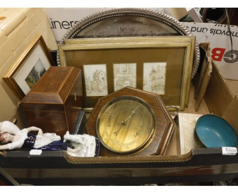 A box of sundries to include a 19th Century rosewood tea caddy, an oak framed aneroid barometer/thermometer, a Royal Dux figu