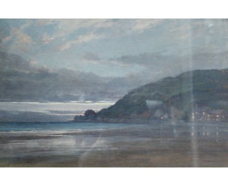 R JONES "Coastal Landscape with Beach in Foreground at Sunset", oil on canvas, signed lower left, bears "Thomas Agnew &amp; S