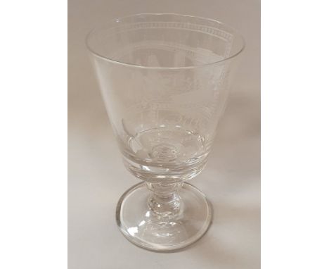 A 19th Century engraved glass, the bucket shaped bowl decorated with sailing vessel and bridge inscribed "Sunderland Bridge" 