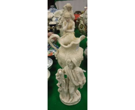 A Copeland Parian ware relief moulded jug, a WH Goss Parian ware figure of a Classically robed woman, a Continental tinted bi