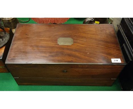 A Victorian mahogany and brass bound writing slope with Bramah lock and brass plaque inscribed "R d Paul" 