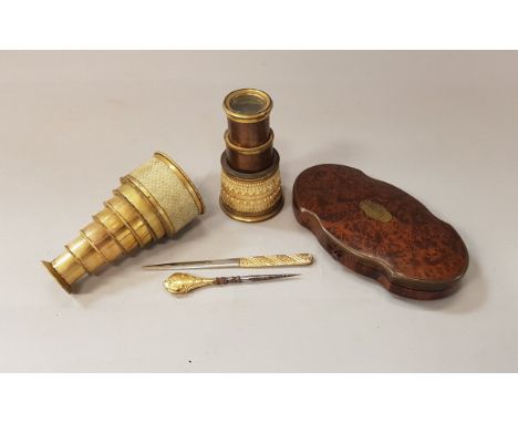 A 19th Century amboyna etui of shaped form, the top with cartouche initialed "A.S.W.", together with a 19th Century six draw 