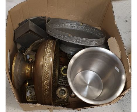 A collection of various metal wares to include hammered pewter items, brass candlesticks, brass bowl, postal scales and other
