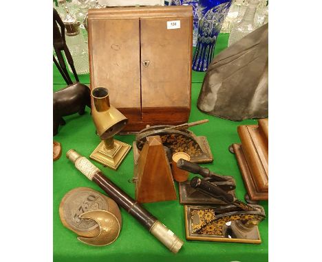 A Victorian desktop stationery cabinet, brass candle reading lamp by A Barrett &amp; Sons of Piccadilly, three painted iron e
