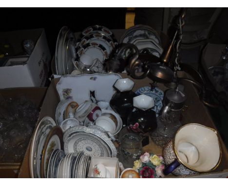 Two boxes of various china wares to include 19th Century "Wild Rose" border pottery saucers and "Willow" pattern saucers, Roy