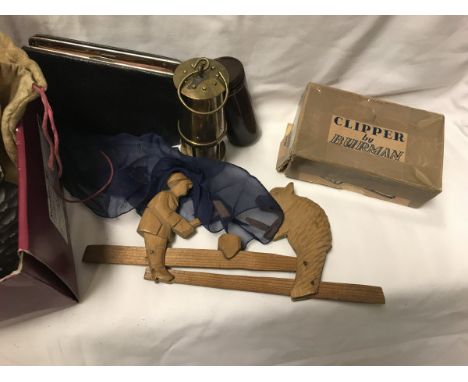 A collection of various small collectables and ornamental wares including a miniature Davy type miner's lamp, various leather