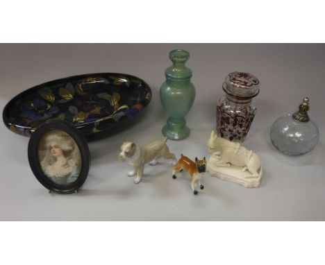 A box of various glass and china wares including a Royal Stanley ware Jacobean floral pattern oval fruit bowl, a George Jones