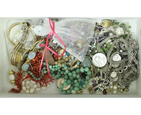 A box of assorted vintage and other costume jewellery to include enamelled fish charms, Swatch watches, jade necklace, etc