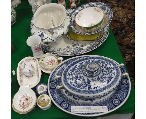 A collection of various china wares to include Minton's blue and white tureen and cover and matching stand or serving plate, 