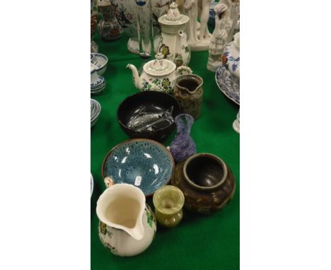 A collection of various china and ornaments including Mason's ironstone "Paynsley" three piece tea set, a studio pottery vase