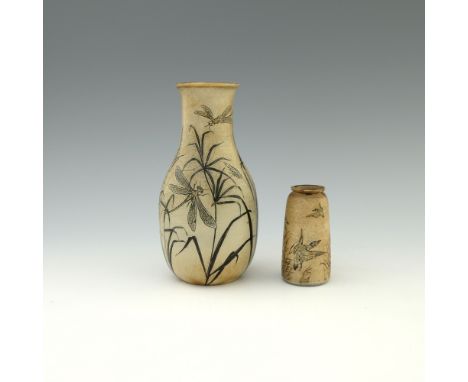 Edwin Martin for Martin Brothers, a small wetlands Bird vase and a wildflower insects vase, 1902 and 1896, conical shouldered