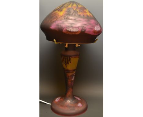 A TesArt Galle style table lamp and shade, limited edition Norfolk Broads, 61/250, inspired by sunset on the Norfolk Broads