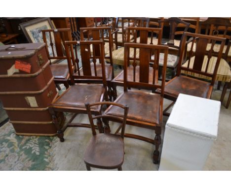 A set of six Arts and Crafts style dining chairs; a child's chair; a vintage travel trunk; a linen basket (9)