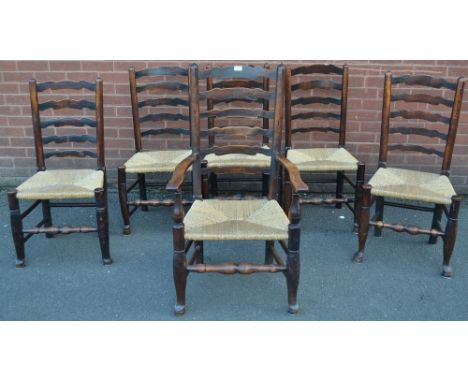 A set of six elm ladder back rush seated dining chairs (6)