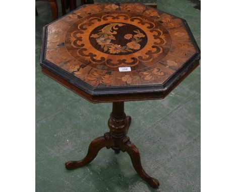 A marquetry octagonal tripod occasional table, fluted column, 74cm high