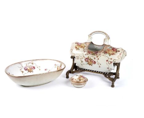 A Royal Doulton ‘Royles Patent’ Toilet Aquarius, on gilt metal stand with hand basin and lidded soap dish, 47cms wide.