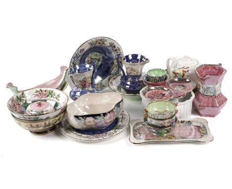 A collection of Maling ceramics, primarily lustreware, including: a ‘Springtime Waved’ pattern jug, in pink; an ‘Azalea’ patt