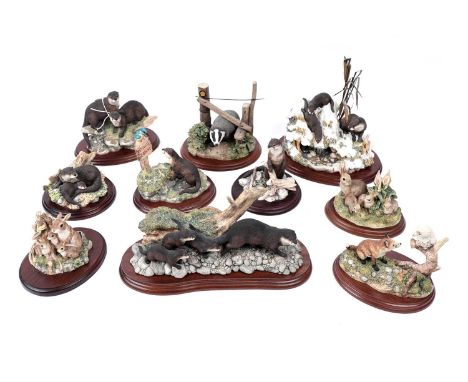A collection of Border Fine Arts figure groups, all with turned wooden stands, some with certificates, including: ‘Snow Slide