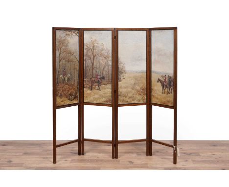 Of hunting interest: an unusual and decorative late Victorian mahogany four-fold fire screen, with four oil-painted canvas pa