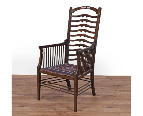 An early 20th Century mahogany Arts &amp; Crafts ladderback armchair, with tapestry upholstered seat pad, 56 x 52 x 112cms hi
