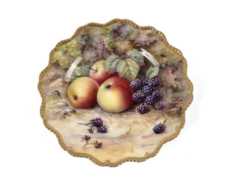 A Royal Worcester decorative ceramic plate, with hand-painted decoration of apples and blackberries, signed 'T. Lockyer', wit