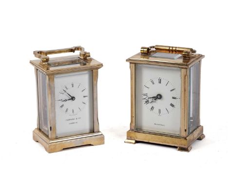 A brass carriage clock, the white enamel Roman dial signed Shortland Bowen, the brass movement signed Fema, London, with plat