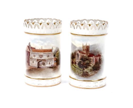 A pair of Royal Worcester spill vases, each depicting an English country scene, titled 'Abbey Gateway, Malvern' and 'Malvern 