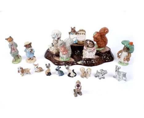 A collection of Beswick Beatrix Potter ceramic figures, including: 'Foxy Whiskered Gentleman'; 'Mrs Tiggy Winkle Takes Tea'; 