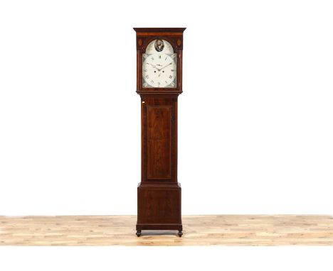 W. McAdam, Glasgow: a Georgian mahogany and inlaid marquetry 8-day longcase clock, the white painted Roman dial with maritime