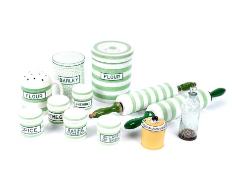 A collection of Maling Evergreen green and white striped kitchen wares, comprising: a 'Flour' kitchen storage jar with cover,