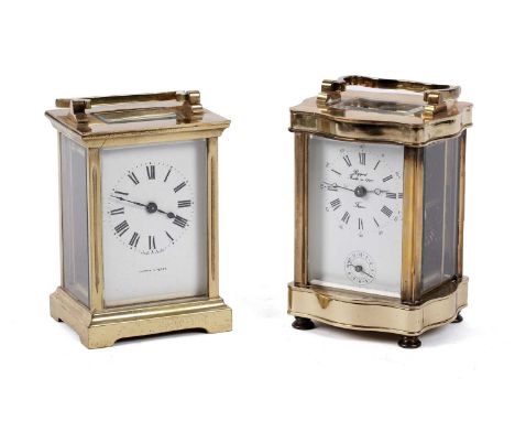 A French brass carriage clock, the white enamel Roman dial signed 'Rapport fondée en 1900', France, with subsidiary alarm dia
