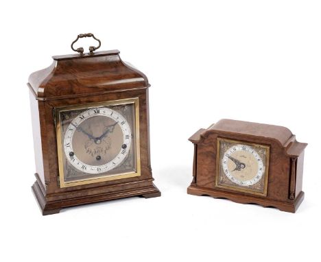An Elliot of London walnut mantle clock, retailed by Reids, the gilt dial with engraved foliate bow motif, overlaid silver Ro