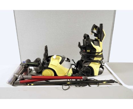 A G-tech Multi handheld cordless vacuum cleaner, with accessories and charger; together with other tools, including: a Karche