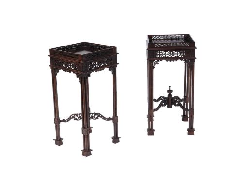 A pair of modern mahogany Chippendale style urn stands,  the pierced gallery square tops above pierced fretwork friezes with 