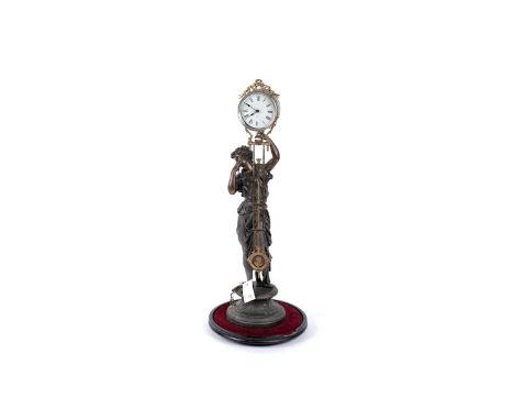 The Ansonia Clock Company: a bronzed spelter figural mystery clock, with white roman enamel dial, the pendulum with ribbon an